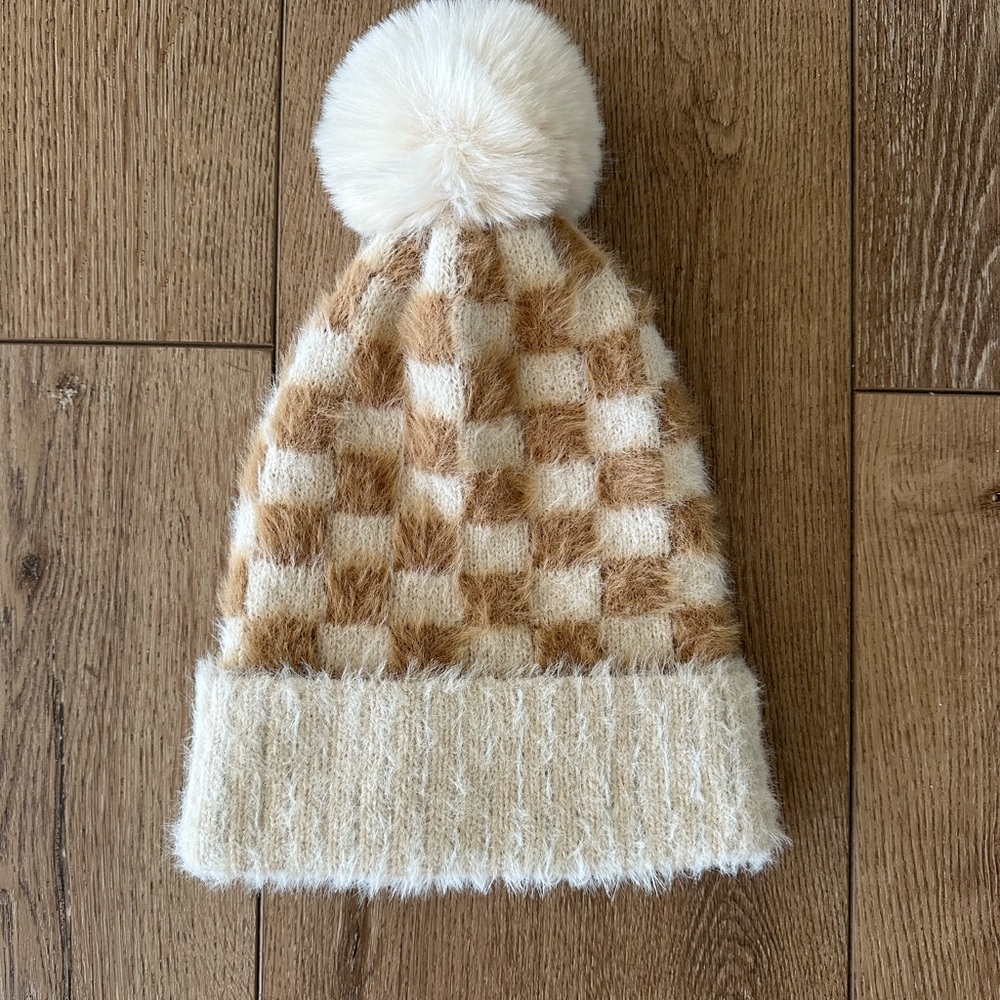Checkered Knit Beanie with Pom Pom